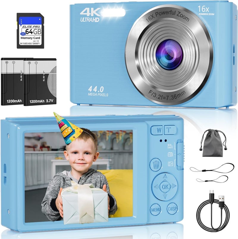 ceye Digital Camera, FHD 4K Digital Camera with 64GB SD Card, 44MP Digital Point and Shoot Camera, 16X Digital Zoom, Anti Shake, 3-LED Fill Lights, Compact Camera for Kids Teen Boys Girls, Blue - Image 1